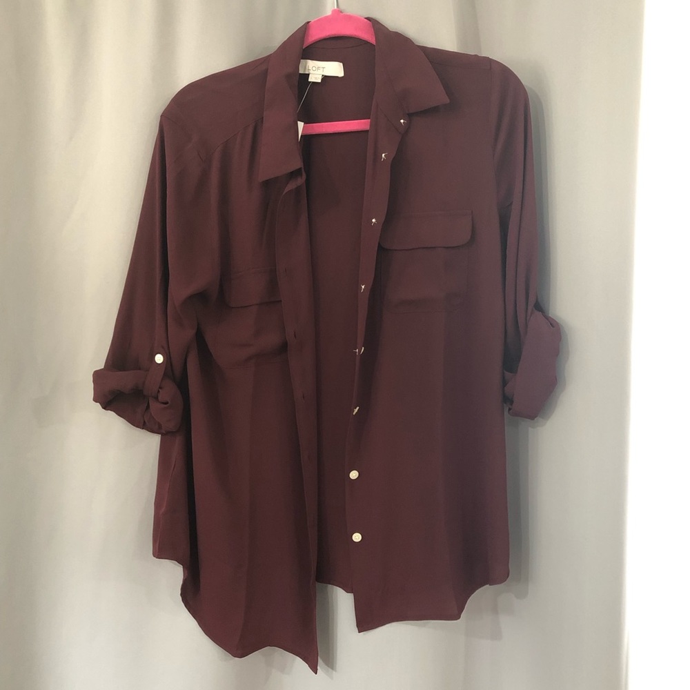 NWT Loft Burgundy Long Sleeve Button Down Blouse